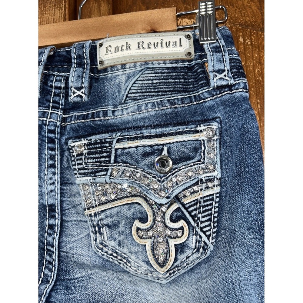 Women's Rock Revival YUI Mid Rise Boot Jeans Size 24 Stretch EC Sz 24x32